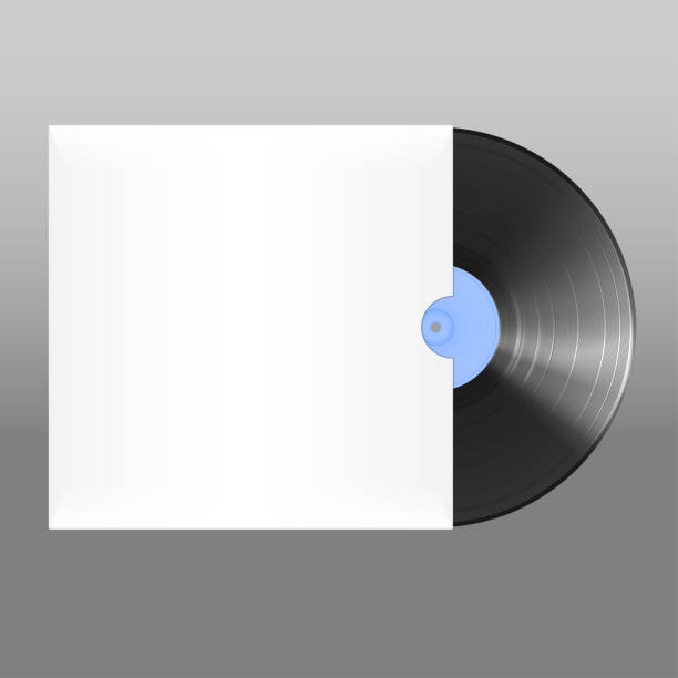 istock a realistic vinyl record with a blue label peeks out of a white box. Mockup for Music cover design 1360416529