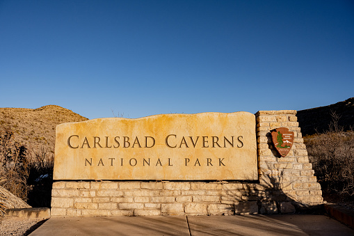 Carlsbad, United States: January 30, 2021: Carlsbad Caverns National Park entrance Sign centered