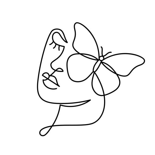 흰색 배경에 고립 된 나비와 여성 컬렉션의 현대 한 줄 예술의 초상화. - women butterfly creativity flying stock illustrations