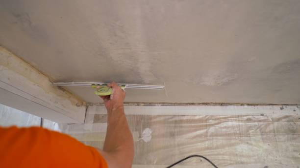 istock Hand with a spatula, work aligns wall. The solution is applied with a spatula to the wall 1360419264