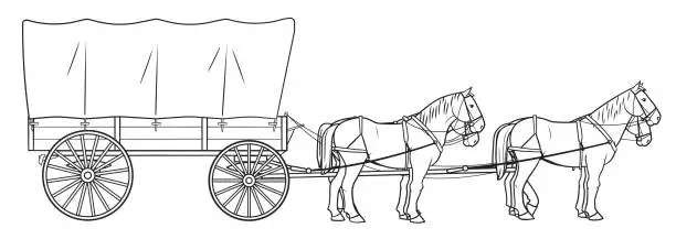 Vector illustration of Covered wagon with four horses stock illustration.