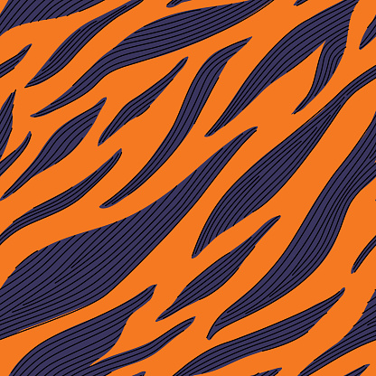 Wild and bright zebra or tiger print seamless pattern with a 1990s or late 80s vibe. Bright, funky colours with some linework for definition. Global colours, easy to change.