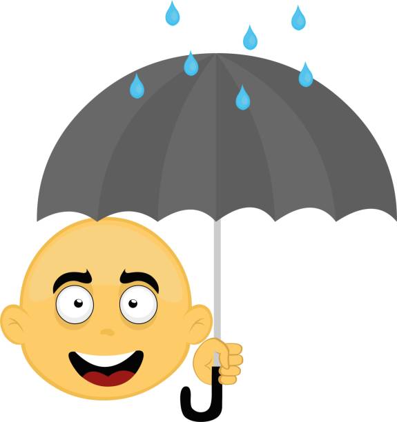 漫画キャラクターの顔、黄色とはげのベクトルイラスト。傘を手に、雨滴が降る - bald head island点のイラスト素材／クリップアート素材／マンガ素材／アイコン素材