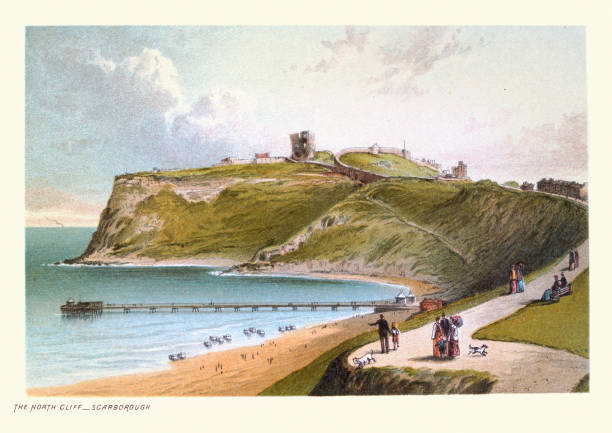 ilustraciones, imágenes clip art, dibujos animados e iconos de stock de ilustración vintage north cliff, ruinas del castillo, playa, muelle, scarborough, north yorkshire, victoriano siglo 19 - english heritage illustrations