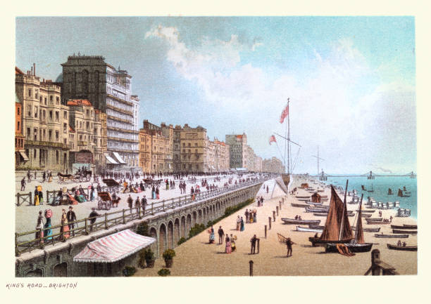 illustrations, cliparts, dessins animés et icônes de kings road, brighton, east sussex, une station balnéaire. victorien, touristes, plage, hôtels, 19ème siècle - engraving engraved image coastline illustration and painting