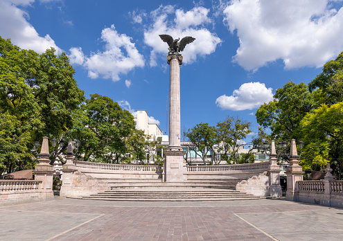 Mexico, Aguascalientes Exedra Column and amphitheatre in Plaza de la Patria in Zocalo historic city center in front of Aguascalientes Cathedral Basilica