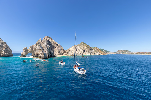 Cabo San Lucas, Los Cabos, Mexico, September 10, 2021: Los Cabos cruise ship cruise around scenic tourist destination Arch of Cabo San Lucas, Playa Amantes, Playa del Divorcio and other beaches