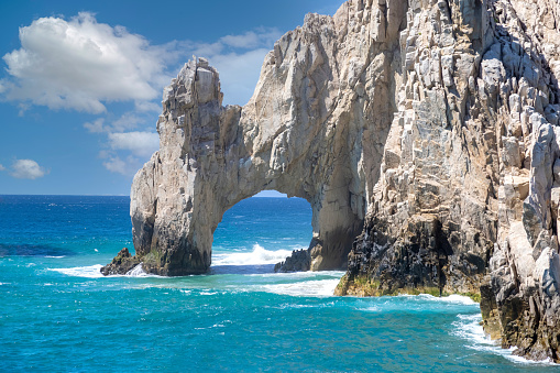 Scenic tourist destination Arch of Cabo San Lucas, El Arco, close to Playa Amantes, Lovers Beach known as Playa Del Amor and Playa del Playa del Divorcio, Divorce Beach.