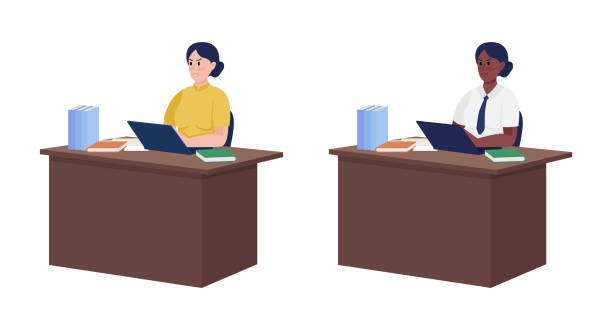 Angry secretaries sitting at desks semi flat color vector characters set Angry secretaries sitting at desks semi flat color vector characters set. Full body people on white. Bad mood isolated modern cartoon style illustrations collection for graphic design and animation school principal stock illustrations