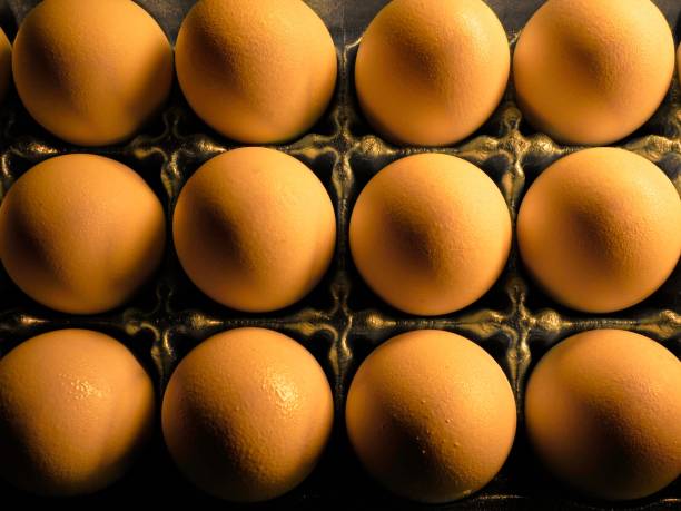 Brightly colored eggs in a grid carton, illuminated with LEDs using a light painting technique. The eggs ordered in a matrix pattern show vibrant colors with textured details in this abstract image suitable for abstracts or abstract backgrounds.