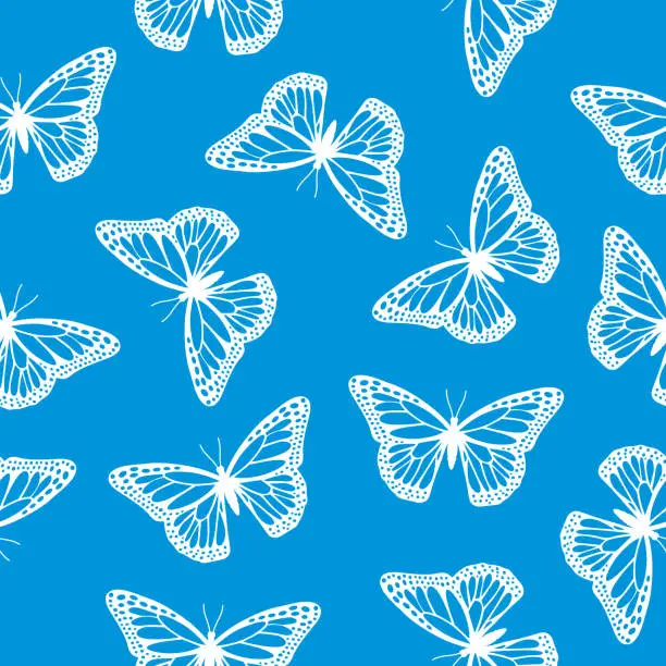 Vector illustration of White Butterflies On A Blue Background Seamless Pattern