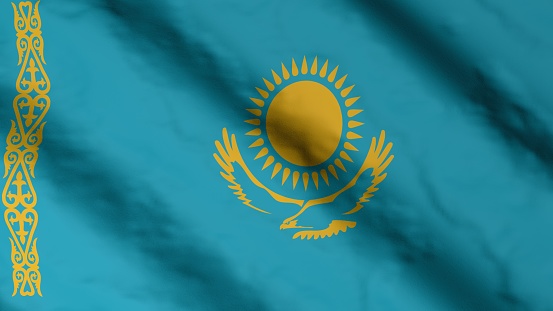 Kazakh national flag. State flag of Kazakhstan illustration. 3D Render.