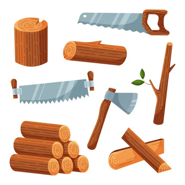 Vector illustration of Set of lumber and tools for cutting wood. Collection include ax, hand saw, two-handed saw, wooden logs, stump, firewood and tree branch. Isolated vector illustration in cartoon flat style.