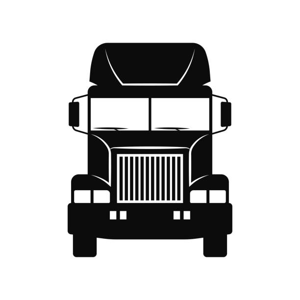 ilustrações, clipart, desenhos animados e ícones de ícone do trator de caminhão. vista frontal. silhueta vetorial preta. objeto isolado em um fundo branco. isolar. - flatbed truck truck truck driver heavy