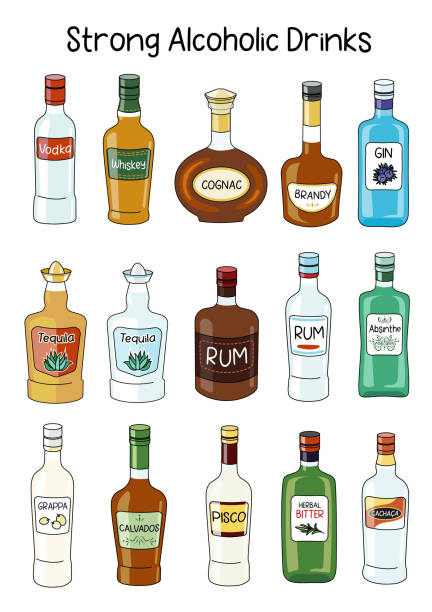kolekcja klasycznych mocnych napojów alkoholowych. doodle cartoon hipster style vector a4 a3 rozmiar plakatu ilustracja izolowana na białym tle. na kartkę imprezową, menu barowe, przepis na książkę kucharską o alkoholu - ice stock illustrations