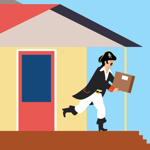 ilustraciones, imágenes clip art, dibujos animados e iconos de stock de pirata robando un paquete de un porche delantero - front porch