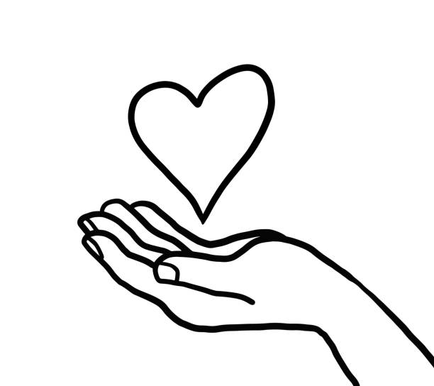 Line drawing of human hand with heart hand drawn black and white heart stock illustrations