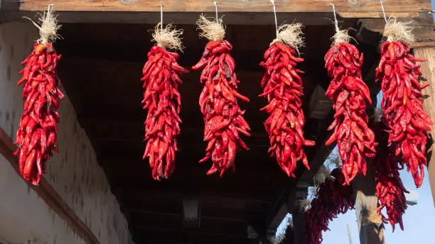 Chile Pepper Ristras hanging in Old Town Albuquerque outside in the sunshine.
