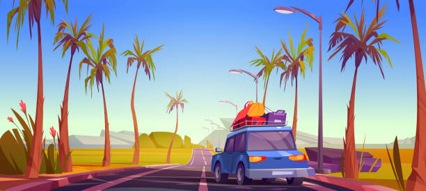 Road trip by car at summer vacation, travel, trip Road trip by car at summer vacation, holidays travel in tropical landscape on automobile with bags on roof driving along highway with palm trees by sides. Family camping, cartoon vector illustration family vacation car stock illustrations