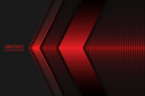 The arrows are black and red on a dark red hexagonal carbon fiber background. Geometric shapes, stripes and lines on a hexagonal red grid.