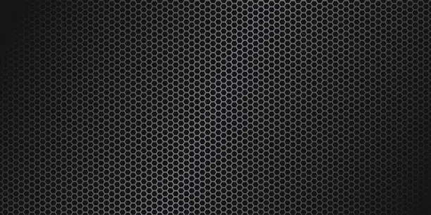 Vector illustration of Gray hexagon carbon fiber texture. Metal mesh gray steel background. Dark carbon fiber texture.