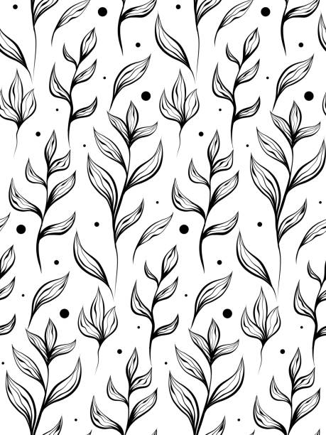 istock Seamless monochrome pattern with sketches of stems with foliage and dots on white background. Vector outline herbal texture with branch and leaves. 1360473618