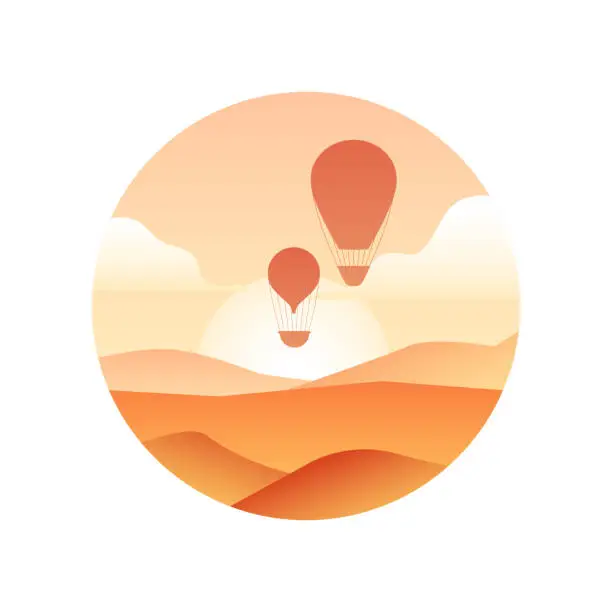 Vector illustration of Illustration of vintage hot air balloon with in the sky, sunrise and hills. Silhouette of aerostat on landscape background. Vector gradient image of balloons