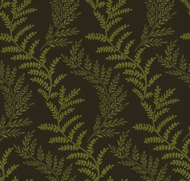 Vector illustration of Seamless pattern with curls of fern branches on a dark green background. Vector tropical texture with stems and foliage