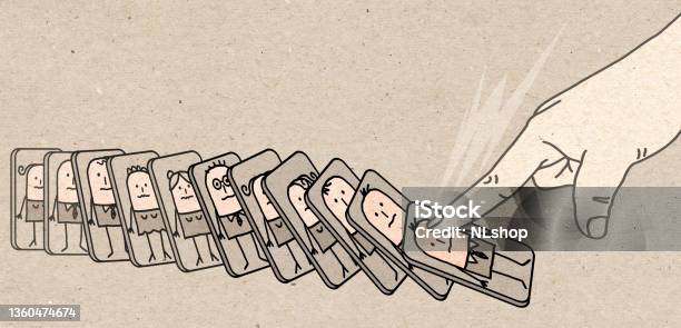 Big Human Finger Pushing Down Cartoon People Like A Domino Effect Stock  Illustration - Download Image Now - iStock