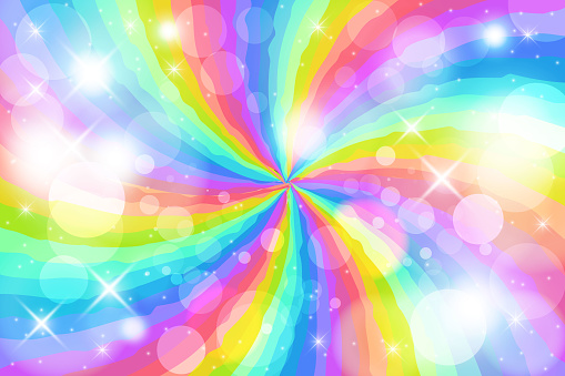 Rainbow swirl background with stars. Radial gradient rainbow of twisted spiral. Vector illustration