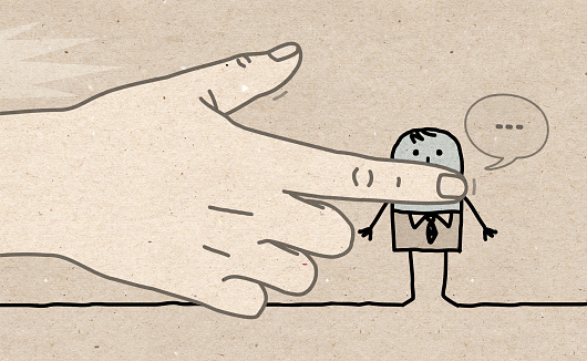 Hand drawn Big Human Hand Shutting Mouth of a Cartoon Man