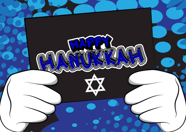 Hand holding banner with Happy Hanukkah text. Hand holding banner with Happy Hanukkah text. Man showing billboard, sign. Holiday, celebration advertisement, announcement message. hanukkah shopping stock illustrations