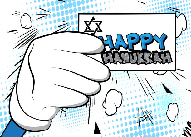 Hand holding banner with Happy Hanukkah text. Hand holding banner with Happy Hanukkah text. Man showing billboard, sign. Holiday, celebration advertisement, announcement message. hanukkah shopping stock illustrations