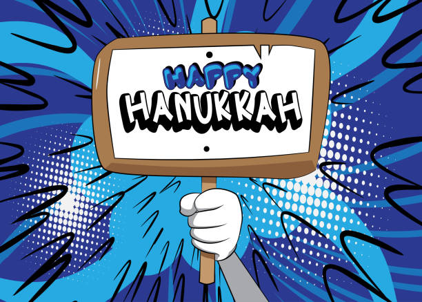 Hand holding banner with Happy Hanukkah text. Hand holding banner with Happy Hanukkah text. Man showing billboard, sign. Holiday, celebration advertisement, announcement message. hanukkah shopping stock illustrations