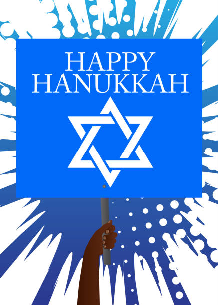 Hand holding banner with Happy Hanukkah text. Hand holding banner with Happy Hanukkah text. Man showing billboard, sign. Holiday, celebration advertisement, announcement message. hanukkah shopping stock illustrations