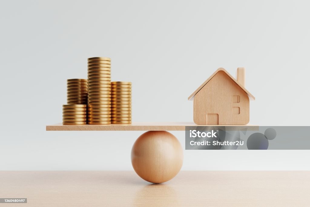 Wooden house and golden coin on balancing scale on white background. Real estate business mortgage investment and financial loan concept. Money-saving and cashflow theme. 3D illustration rendering House Stock Photo