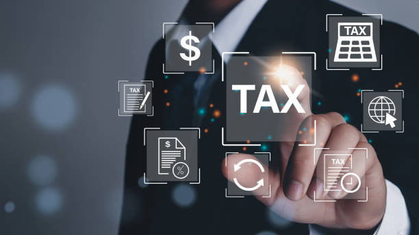 business hand clicks virtual screen to tax return online for tax payment by corporations such as vat, income tax, and property tax. - incomes imagens e fotografias de stock