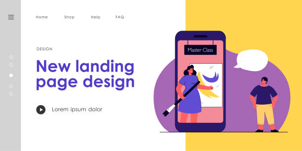 Child learning drawing online Child learning drawing online. Flat vector illustration. Cartoon dark skinned boy watching art master class with teacher on giant smartphone. Art, drawing, e-learning concept for banner design how to draw a house step by step for kids cartoon stock illustrations