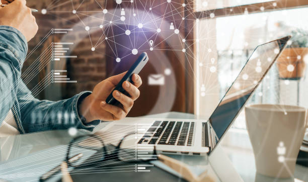 istock Male hands with laptop. Man working remotely at home. Concept of networking or remote work. Global business network. 1360481626