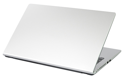 The back side of the laptop silver, isolated on white background.