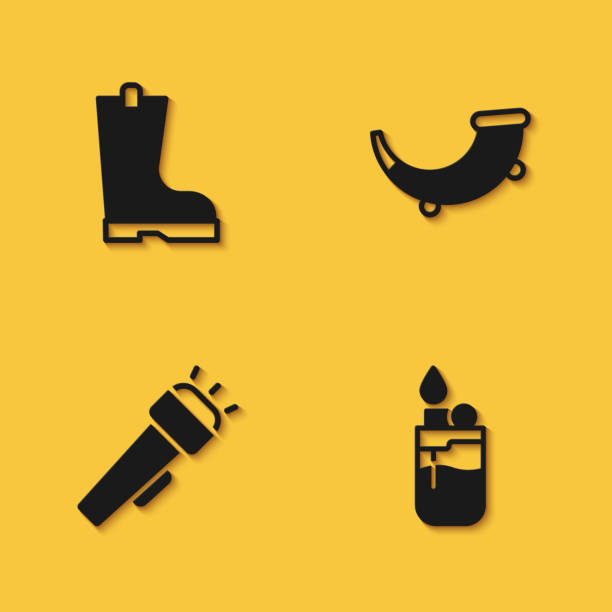 ilustrações de stock, clip art, desenhos animados e ícones de set waterproof rubber boot, lighter, flashlight and hunting horn icon with long shadow. vector - brass instrument flash