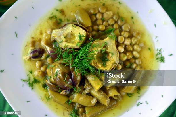 Vegan Food Artichoke With Broad Bean And Peas Stock Photo - Download Image Now - Artichoke, Green Pea, Bean