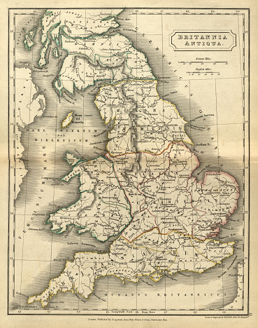 Vintage illustration of Antique map of Britannia Antiqua, Ancient Britain.  Atlas of Ancient Geography. By Samuel Butler