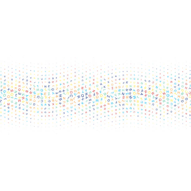 ilustraciones, imágenes clip art, dibujos animados e iconos de stock de colorida banda horizontal de ondas sinusales de caracteres giratorios del alfabeto de diferente tamaño en patrón de cuadrícula - cosinus