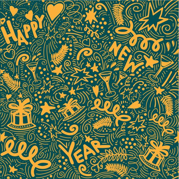 рождественская бесшовная оберточная бумага с надписями и атрибутами счастливого нового года в стиле каракуля. - happy new years stock illustrations