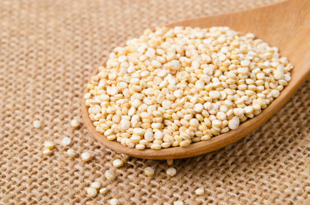 istock Raw, whole, unprocessed quinoa seed in wooden spoon. 1360494160