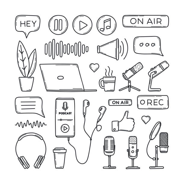 illustrazioni stock, clip art, cartoni animati e icone di tendenza di podcast, registrazione audio, ascolto audio, simboli di trasmissione in diretta in stile doodle - white background audio