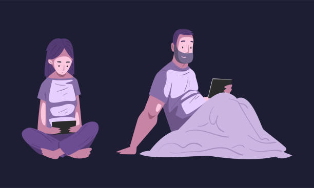 People Character Using Digital Gadget at Night Sitting on Bed Under Blanket Vector Set People Character Using Digital Gadget at Night Sitting on Bed Under Blanket Vector Set. Young Male and Female Playing Online Video Game or Chatting in Social Network Concept computer addiction stock illustrations