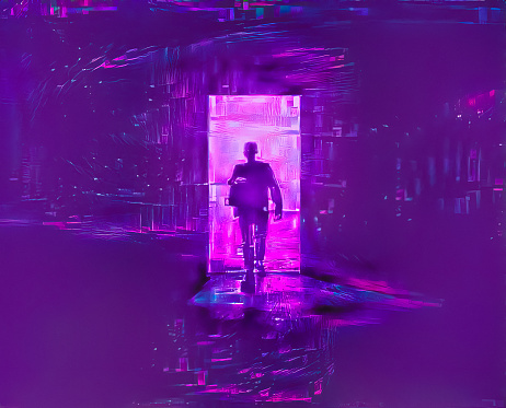Entrance to metaverse virtual world  with cyberpunk neon ligthing color scheme