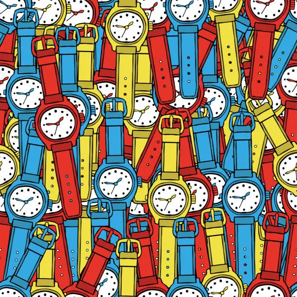Vector illustration of Cartoon wrist watch with a strap. Bright colorful vector hand drawing. Front view is vertical. Seamless pattern. Texture.